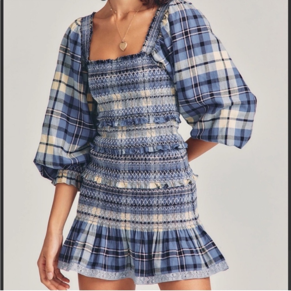 LoveShackFancy Blue Plaid Smocked Mini Dress